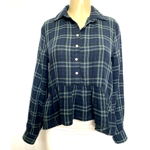 Trovata Birds Paradis Button Down Top Shirt Peplum Flannel Long Sleeve Blue XS - Picture 2 of 7